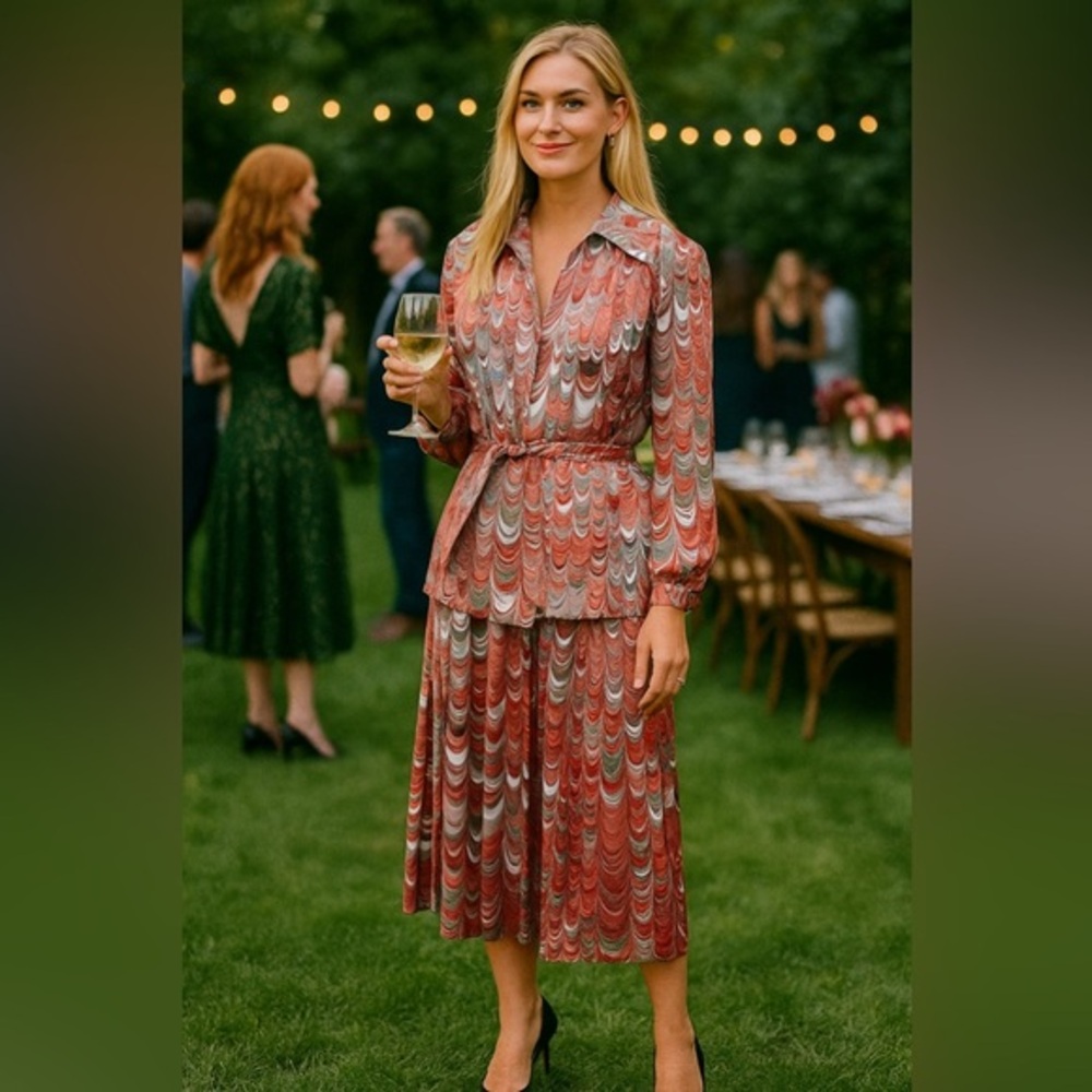 Vintage 70’s ensemble colorful design/zip back top &pleated  skirt,belt🧡🤍💚❤️